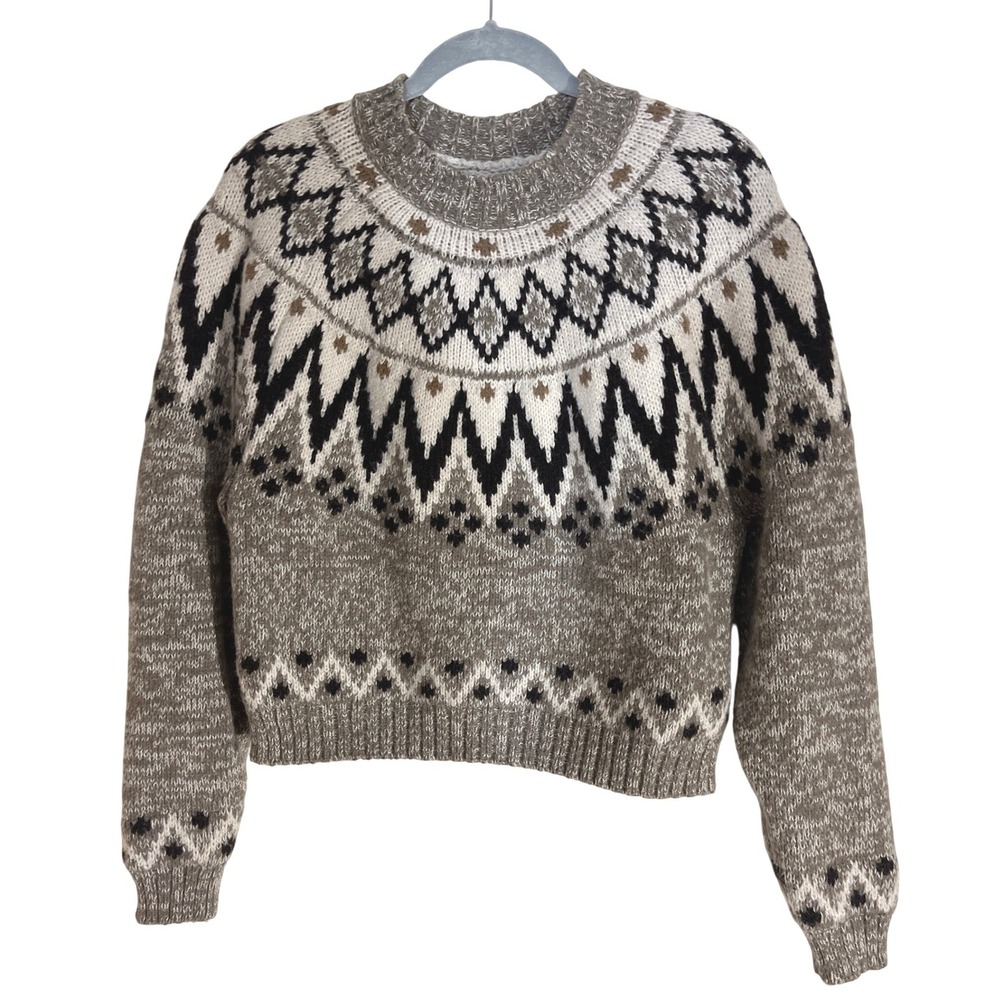 American Eagle Sweater Womens S Grey Fair Isle Knit Pullover Cropped Boho Cozy